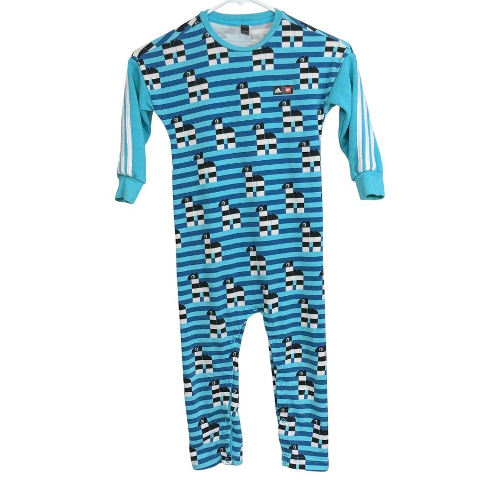 Adidas x LEGO Pajamas Kids 4T Blue Striped Llama Print Long Sleeve Footed